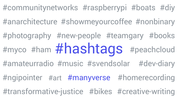 A graphic design of a collage of several hashtags such as #photography, #new-people, #teamgary and others, where #hashtags is in the middle and highlighted with a larger font, and #manyverse is a bit lower, highlighted as well