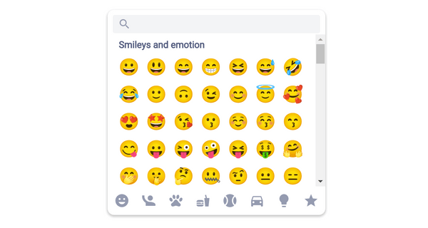Graphical UI component showing a box with all of the known emojis displayed in a grid, with a search bar on top