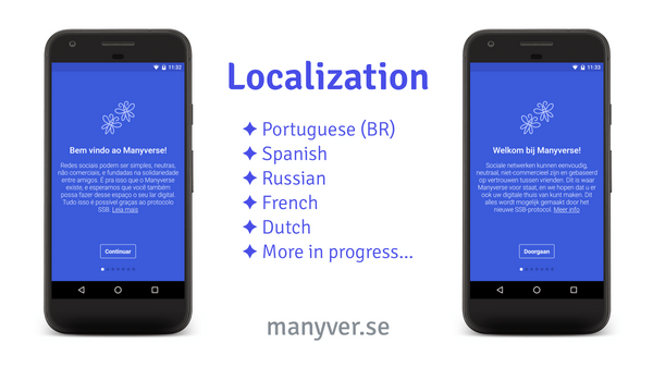 A graphic design where there is a phone on the left displaying the Manyverse app on the Welcome screen in Brazilian Portuguese, and a phone on the right displaying the Manyverse app on the Welcome screen in the Dutch language, and text in the center; The text says 