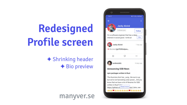 A graphic design where there is a phone on the right displaying the Manyverse app showing the Profile screen for the user 