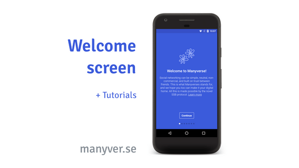 A graphic design where there is a phone on the right, displaying the Manyverse app open, and text on the left; The text says 