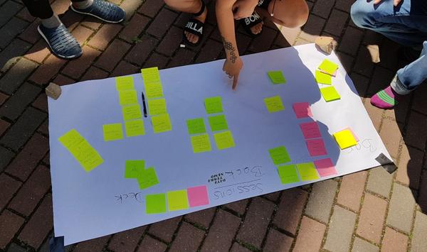 Photograph of a poster with a dozen post-its, placed on a brick floor, outdoors; you can see people's feet around the poster, and one person's finger pointing to the poster, but you cannot see their torso or faces