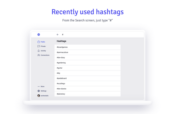 Promo of the new recent hashtags feature showing a screenshot of Manyverse desktop with the Search screen open, and adjacent text says 