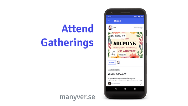 A graphic design where there is a phone on the right displaying the Manyverse app showing a Gathering posted by Zenna named 