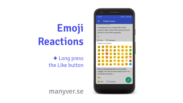 A graphic design where there is a phone on the right, displaying the Manyverse app on the Public board tab with a modal open for selection of an emoji, and text to the left of the phone; The text says 