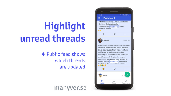 A graphic design where there is a phone on the right displaying the Manyverse app on the Public feed where some threads are highlighted by background color; Text to the left of the graphic design says 