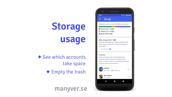 A graphic design where there is a phone on the right displaying the Manyverse app showing the new Storage usage screen with a chart summarizing storage used by category, a slider to pick a limit for blobs, and a list of accounts showing how much space each account occupies