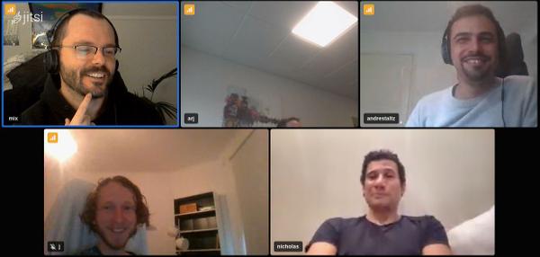 A screenshot of a Jitsi video call with 5 participants: Mix, Anders, Andre, Jacob, Nicholas