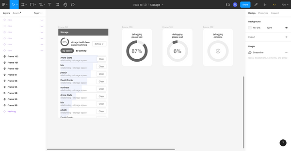 A screenshot of a Figma design document showing a wireframe for the new Storage screen planned for Manyverse, where there is a list of persons and how much each one occupies on the device