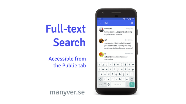 A graphic design where there is a phone on the right displaying the Manyverse app showing the new Search screen showing the query 
