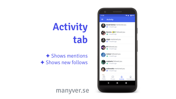 A graphic design where there is a phone on the right displaying the Manyverse app showing the new Activity Tab showing a list of mention events and follow events from other people in the community; Text to the left of the graphic design says 